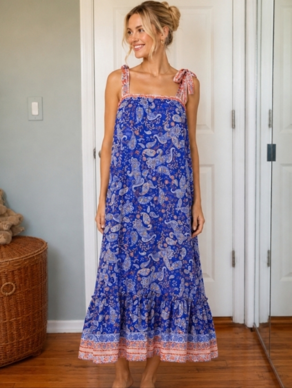 Lost + Wander Anthropologie Blue Paisley Maxi Dress Tie Strap Boho Small
